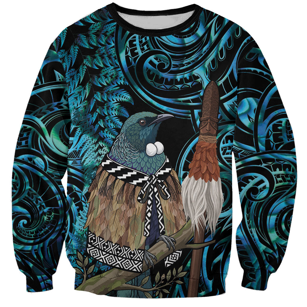 New Zealand Tui Bird Taiaha Sweatshirt Maori Weapon Paua Shell Mix Silver Fern LT14 Unisex Turquoise - Polynesian Pride