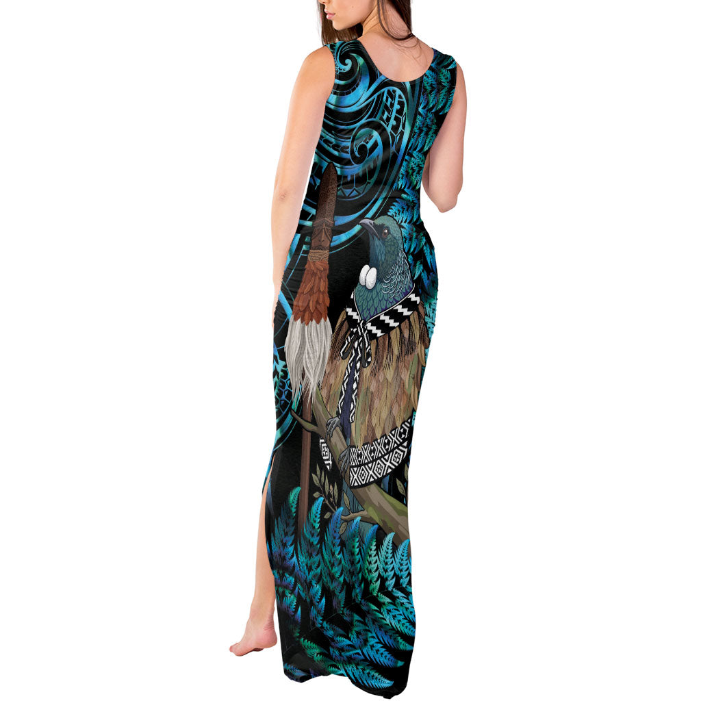 New Zealand Tui Bird Taiaha Tank Maxi Dress Maori Weapon Paua Shell Mix Silver Fern