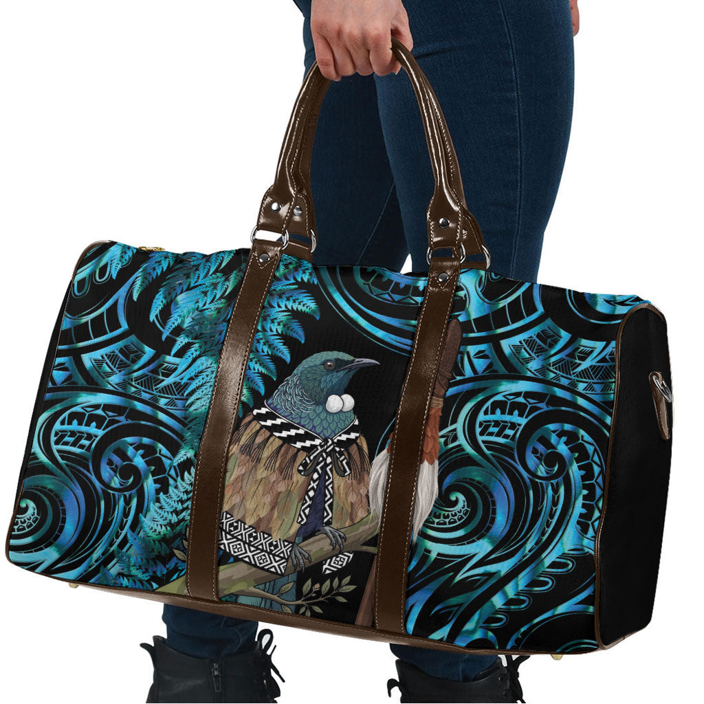 New Zealand Tui Bird Taiaha Travel Bag Maori Weapon Paua Shell Mix Silver Fern