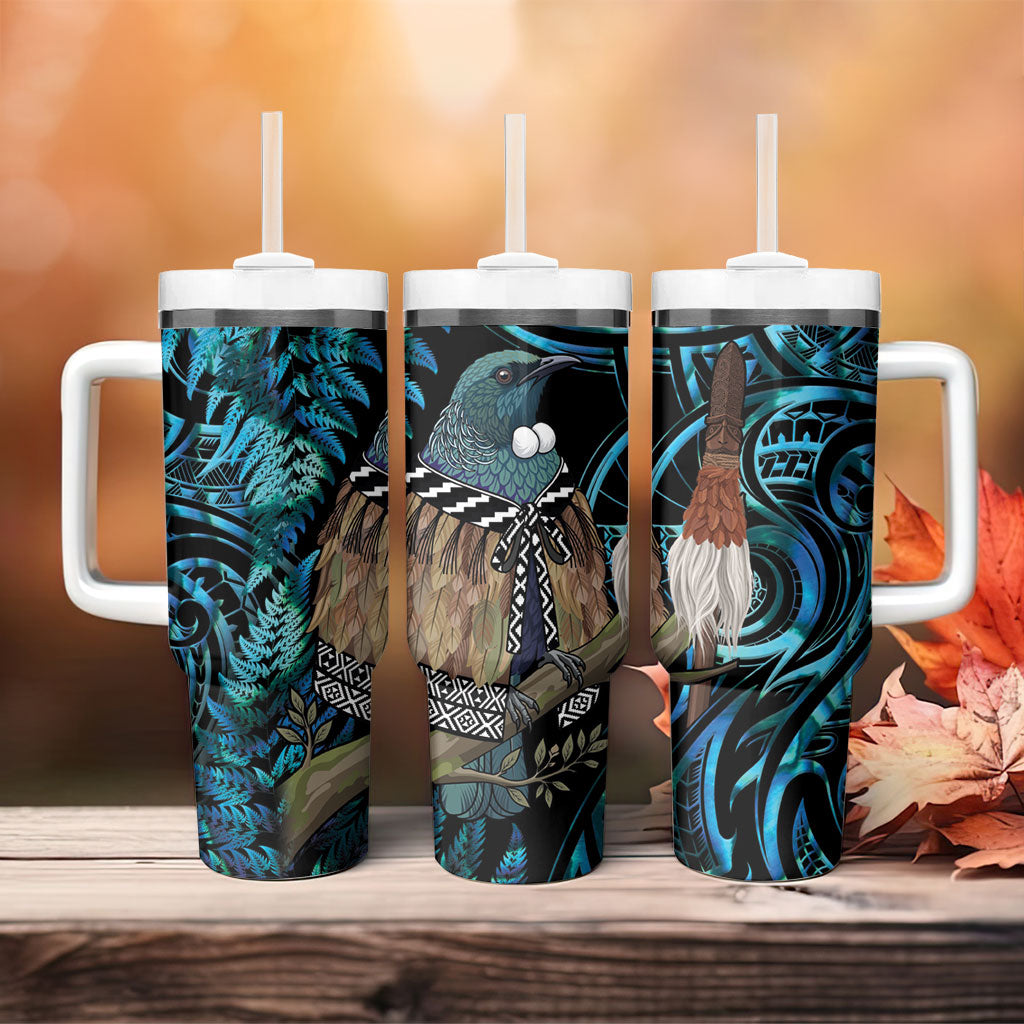 New Zealand Tui Bird Taiaha Tumbler With Handle Maori Weapon Paua Shell Mix Silver Fern