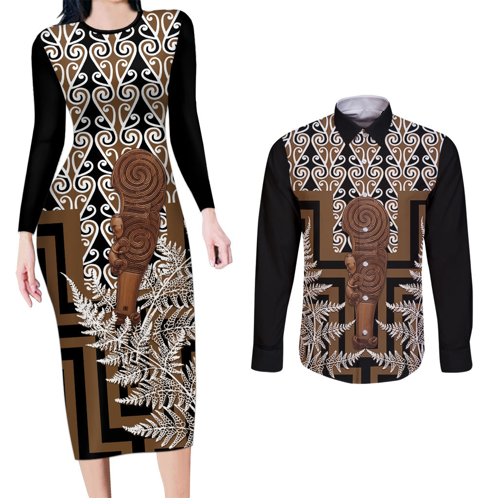 Wahaika New Zealand Couples Matching Long Sleeve Bodycon Dress and Long Sleeve Button Shirt Maori Weapon Kowhaiwhai Fern Poutama Motifs LT14 Brown - Polynesian Pride
