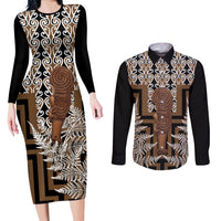 Wahaika New Zealand Couples Matching Long Sleeve Bodycon Dress and Long Sleeve Button Shirt Maori Weapon Kowhaiwhai Fern Poutama Motifs LT14 Brown - Polynesian Pride