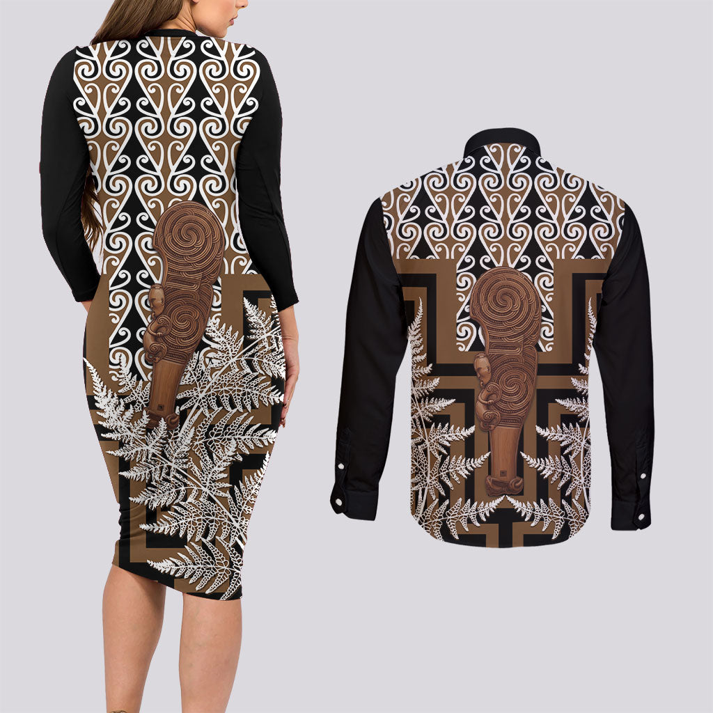 Wahaika New Zealand Couples Matching Long Sleeve Bodycon Dress and Long Sleeve Button Shirt Maori Weapon Kowhaiwhai Fern Poutama Motifs LT14 - Polynesian Pride
