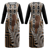 Wahaika New Zealand Couples Matching Long Sleeve Bodycon Dress and Long Sleeve Button Shirt Maori Weapon Kowhaiwhai Fern Poutama Motifs LT14 - Polynesian Pride