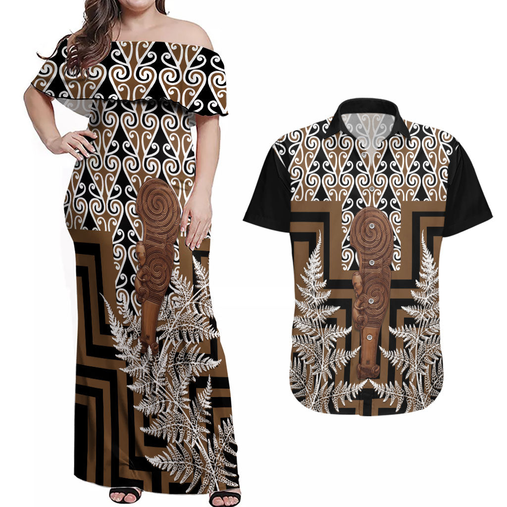 Wahaika New Zealand Couples Matching Off Shoulder Maxi Dress and Hawaiian Shirt Maori Weapon Kowhaiwhai Fern Poutama Motifs LT14 Brown - Polynesian Pride