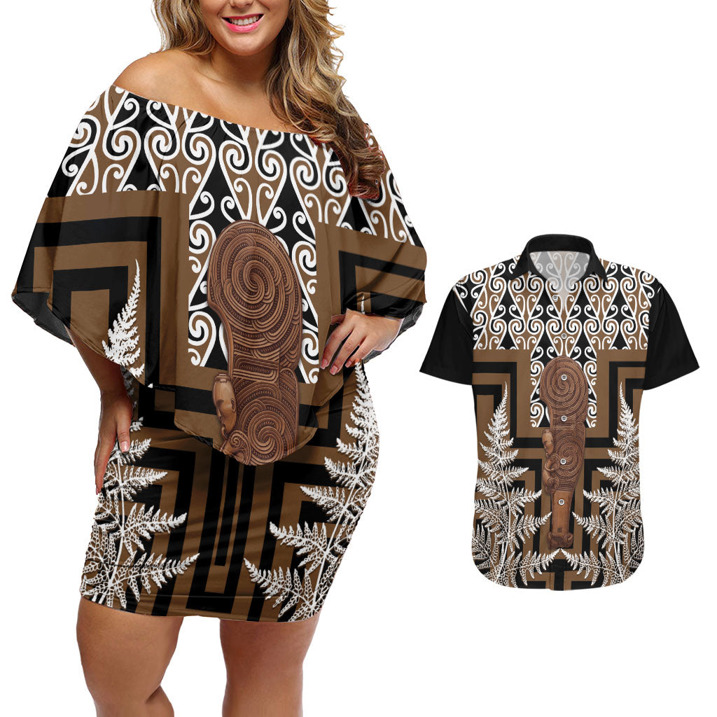 Wahaika New Zealand Couples Matching Off Shoulder Short Dress and Hawaiian Shirt Maori Weapon Kowhaiwhai Fern Poutama Motifs LT14 Brown - Polynesian Pride