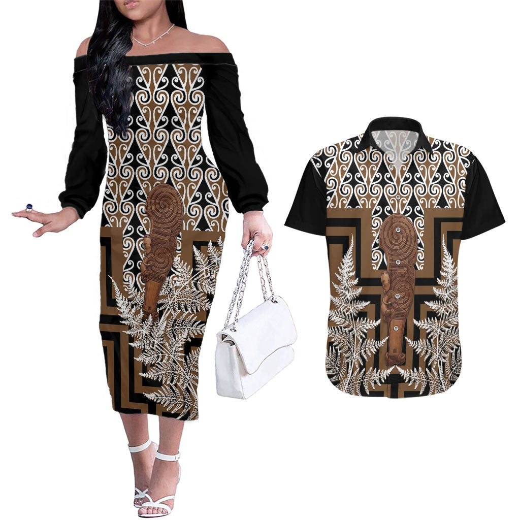 Wahaika New Zealand Couples Matching Off The Shoulder Long Sleeve Dress and Hawaiian Shirt Maori Weapon Kowhaiwhai Fern Poutama Motifs
