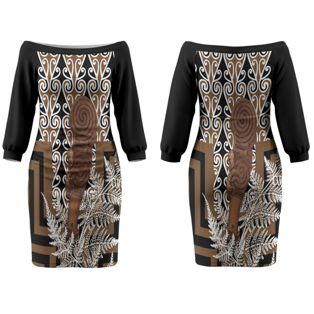 Wahaika New Zealand Couples Matching Off The Shoulder Long Sleeve Dress and Hawaiian Shirt Maori Weapon Kowhaiwhai Fern Poutama Motifs LT14 - Polynesian Pride