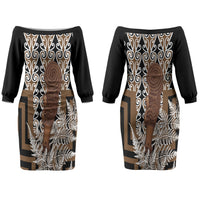 Wahaika New Zealand Couples Matching Off The Shoulder Long Sleeve Dress and Hawaiian Shirt Maori Weapon Kowhaiwhai Fern Poutama Motifs LT14 - Polynesian Pride