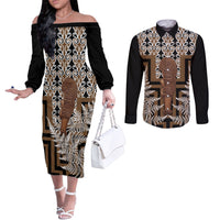 Wahaika New Zealand Couples Matching Off The Shoulder Long Sleeve Dress and Long Sleeve Button Shirt Maori Weapon Kowhaiwhai Fern Poutama Motifs