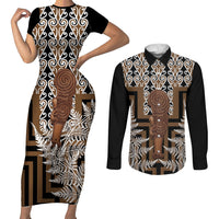 Wahaika New Zealand Couples Matching Short Sleeve Bodycon Dress and Long Sleeve Button Shirt Maori Weapon Kowhaiwhai Fern Poutama Motifs