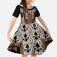 Wahaika New Zealand Family Matching Off The Shoulder Long Sleeve Dress and Hawaiian Shirt Maori Weapon Kowhaiwhai Fern Poutama Motifs