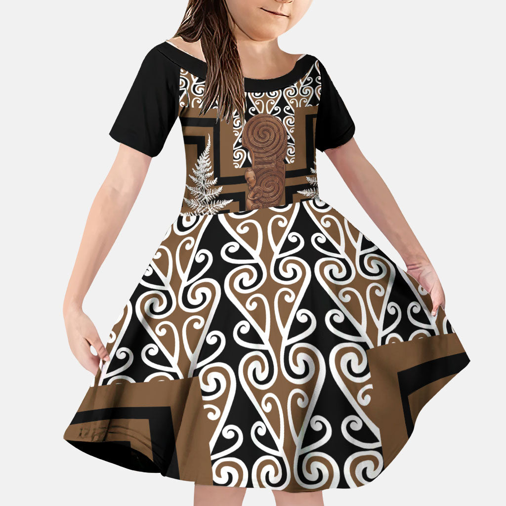 Wahaika New Zealand Family Matching Off Shoulder Maxi Dress and Hawaiian Shirt Maori Weapon Kowhaiwhai Fern Poutama Motifs