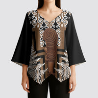 Wahaika New Zealand Kimono Sleeve Blouse Maori Weapon Kowhaiwhai Fern Poutama Motifs