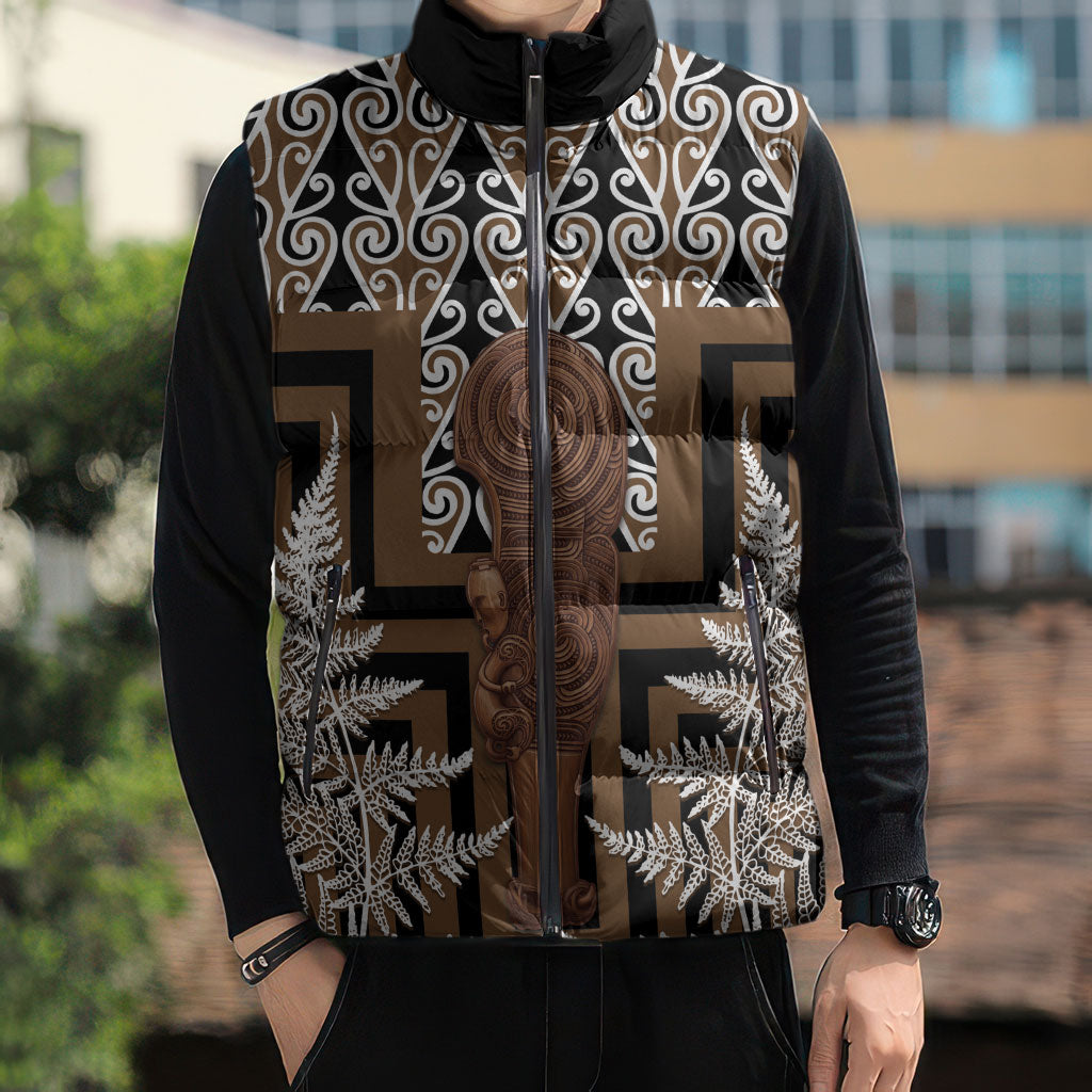 Wahaika New Zealand Sleeveless Puffer Jacket Maori Weapon Kowhaiwhai Fern Poutama Motifs