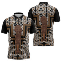 Wahaika New Zealand Zipper Polo Shirt Maori Weapon Kowhaiwhai Fern Poutama Motifs