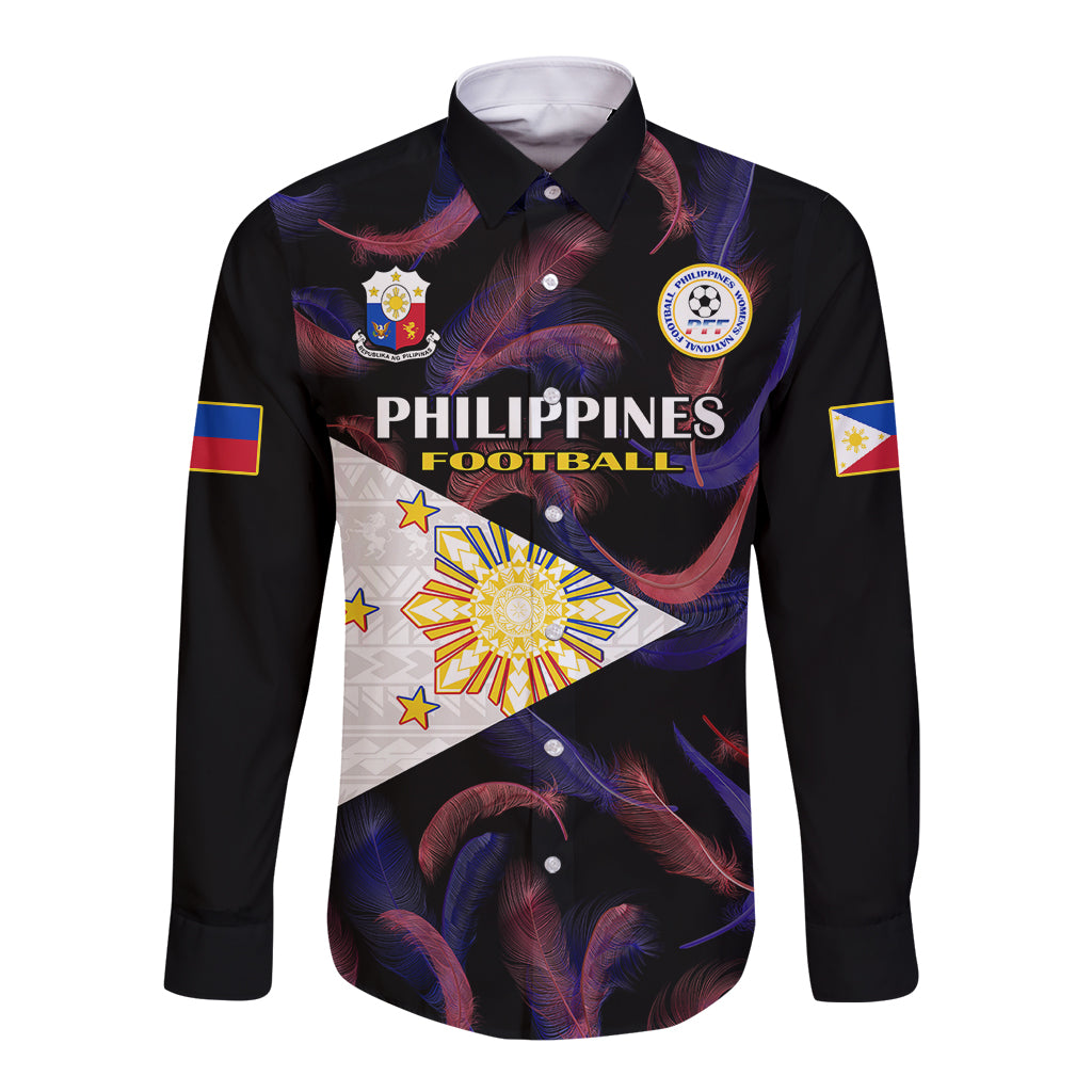 Philippines Football Long Sleeve Button Shirt 2023 World Cup Go Filipinas Feather Black Version LT14 Unisex Black - Polynesian Pride