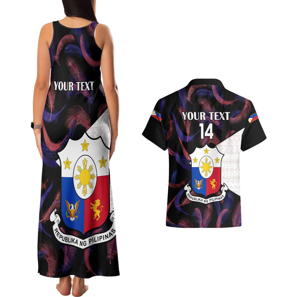 Custom Philippines Football Couples Matching Tank Maxi Dress And Hawaiian Shirt 2023 World Cup Go Filipinas Feather Black Version LT14 - Polynesian Pride