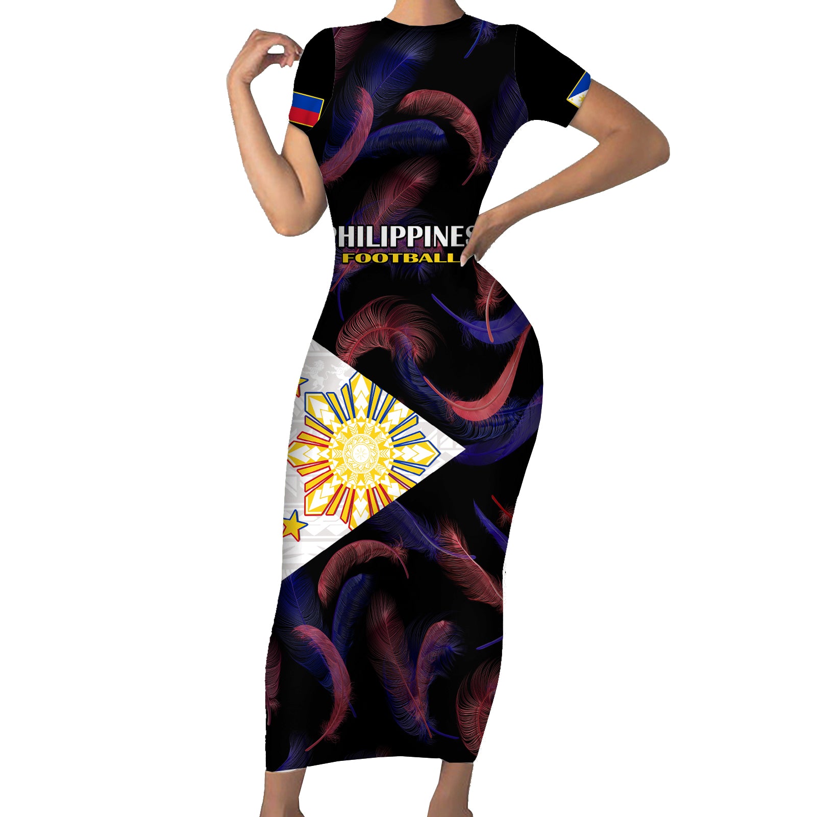 Custom Philippines Football Short Sleeve Bodycon Dress 2023 World Cup Go Filipinas Feather Black Version LT14 Long Dress Black - Polynesian Pride