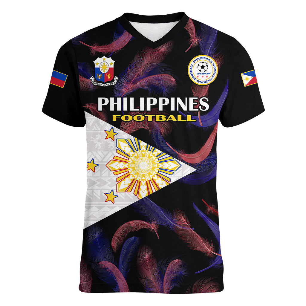 Custom Philippines Football Women V Neck T Shirt 2023 World Cup Go Filipinas Feather Black Version LT14 Female Black - Polynesian Pride
