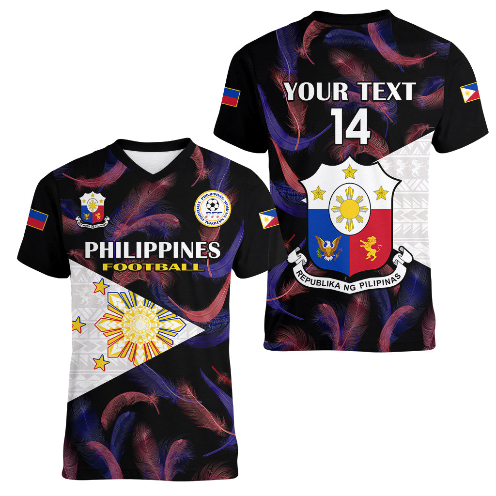 Custom Philippines Football Women V Neck T Shirt 2023 World Cup Go Filipinas Feather Black Version LT14 - Polynesian Pride