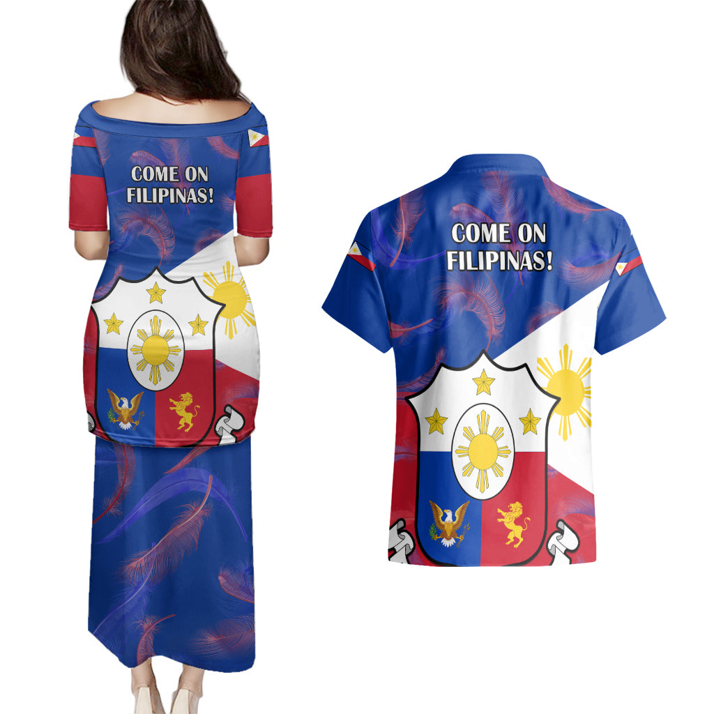 Philippines Football Couples Matching Puletasi Dress and Hawaiian Shirt 2023 World Cup Go Filipinas Feather Flag Version LT14 - Polynesian Pride