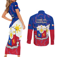 Philippines Football Couples Matching Short Sleeve Bodycon Dress and Long Sleeve Button Shirts 2023 World Cup Go Filipinas Feather Flag Version LT14 - Polynesian Pride