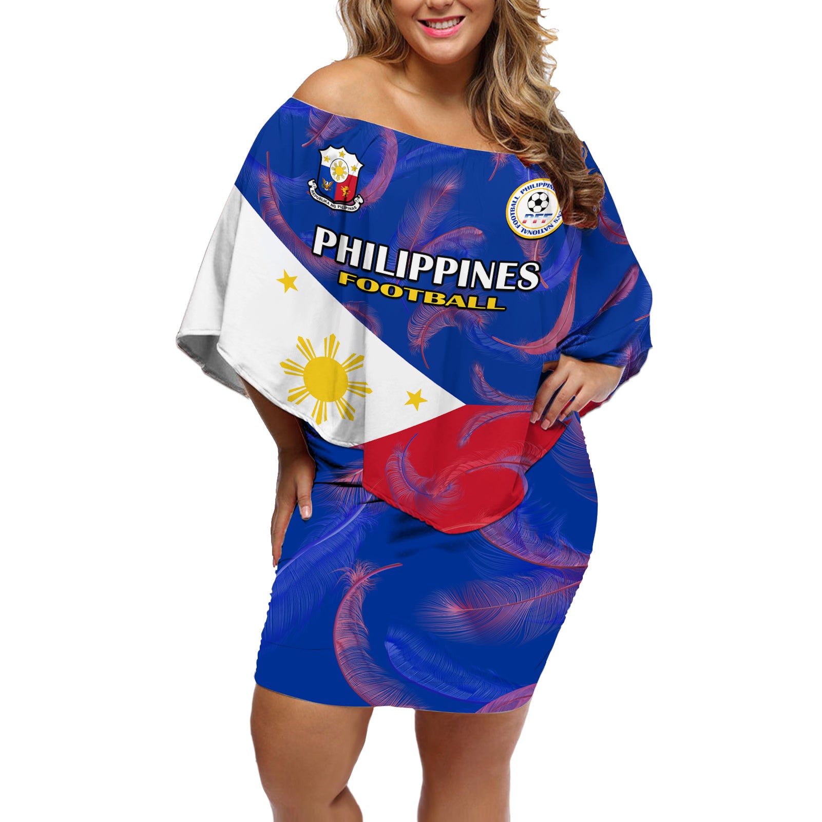 Philippines Football Off Shoulder Short Dress 2023 World Cup Go Filipinas Feather Flag Version LT14 Women Blue - Polynesian Pride