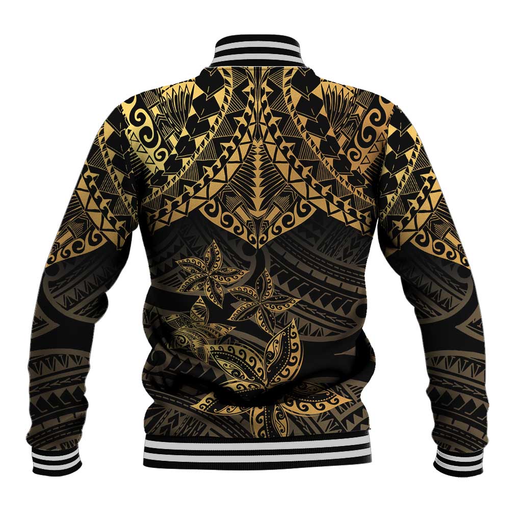 Black and Gold Polynesia Baseball Jacket Plumeria Tattoo With Polynesian Pattern