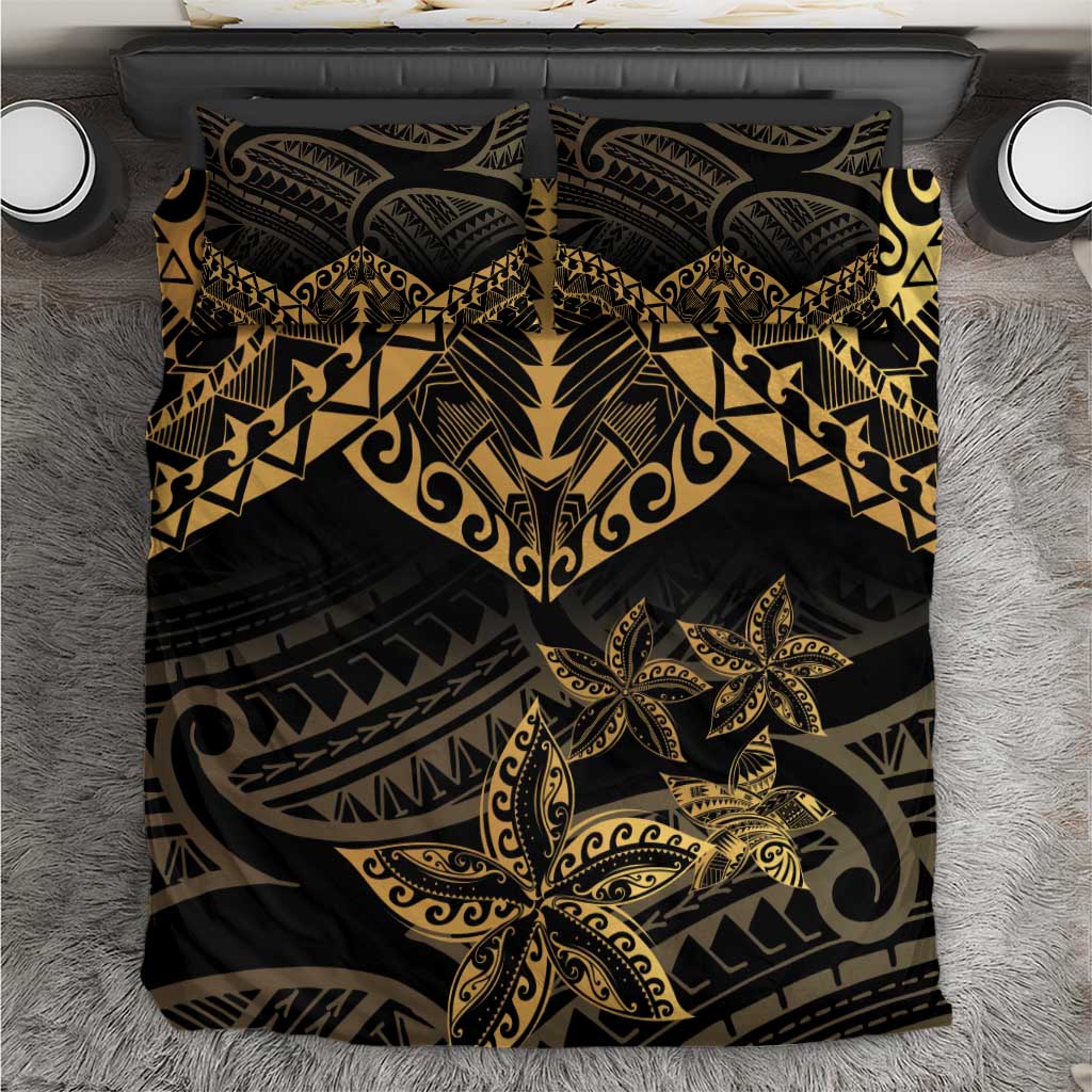 Black and Gold Polynesia Bedding Set Plumeria Tattoo With Polynesian Pattern