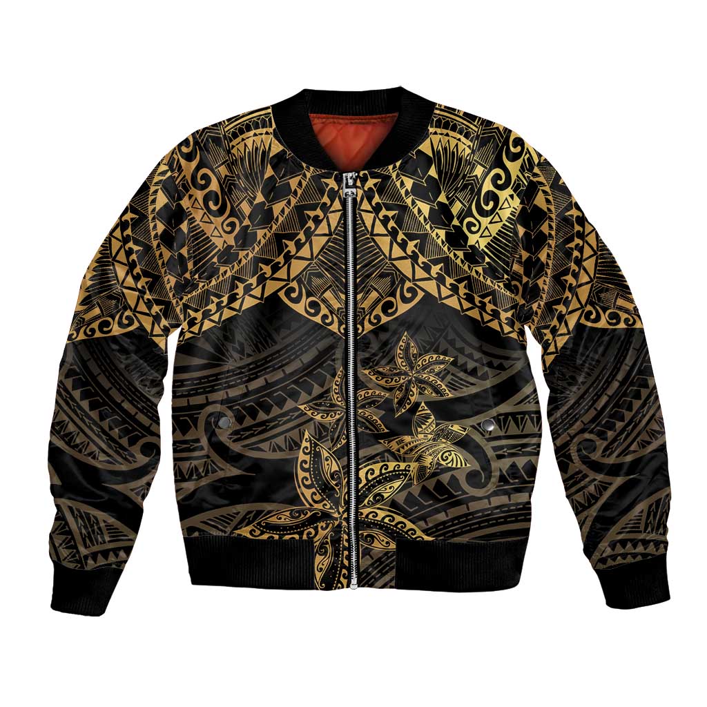 Black and Gold Polynesia Bomber Jacket Plumeria Tattoo With Polynesian Pattern