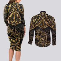 Black and Gold Polynesia Couples Matching Long Sleeve Bodycon Dress and Long Sleeve Button Shirt Plumeria Tattoo With Polynesian Pattern LT14 - Polynesian Pride