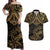 Black and Gold Polynesia Couples Matching Off Shoulder Maxi Dress and Hawaiian Shirt Plumeria Tattoo With Polynesian Pattern