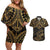 Black and Gold Polynesia Couples Matching Off Shoulder Short Dress and Hawaiian Shirt Plumeria Tattoo With Polynesian Pattern
