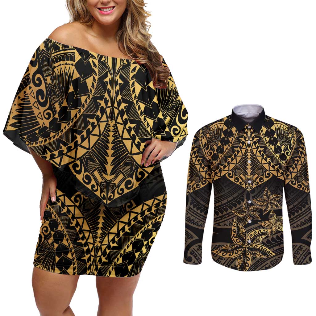 Black and Gold Polynesia Couples Matching Off Shoulder Short Dress and Long Sleeve Button Shirt Plumeria Tattoo With Polynesian Pattern LT14 Black - Polynesian Pride