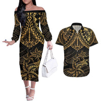 Black and Gold Polynesia Couples Matching Off The Shoulder Long Sleeve Dress and Hawaiian Shirt Plumeria Tattoo With Polynesian Pattern