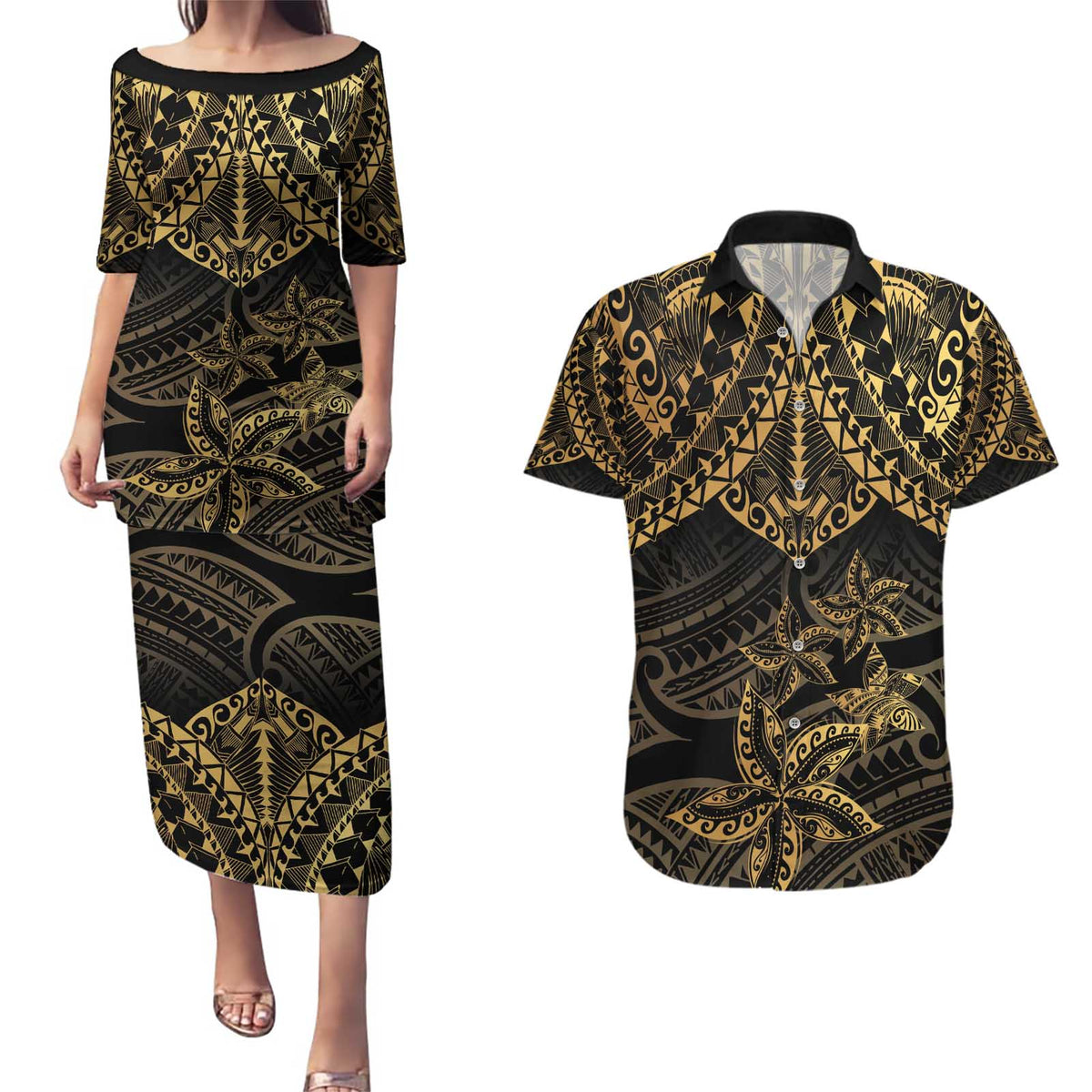 Black and Gold Polynesia Couples Matching Puletasi and Hawaiian Shirt Plumeria Tattoo With Polynesian Pattern