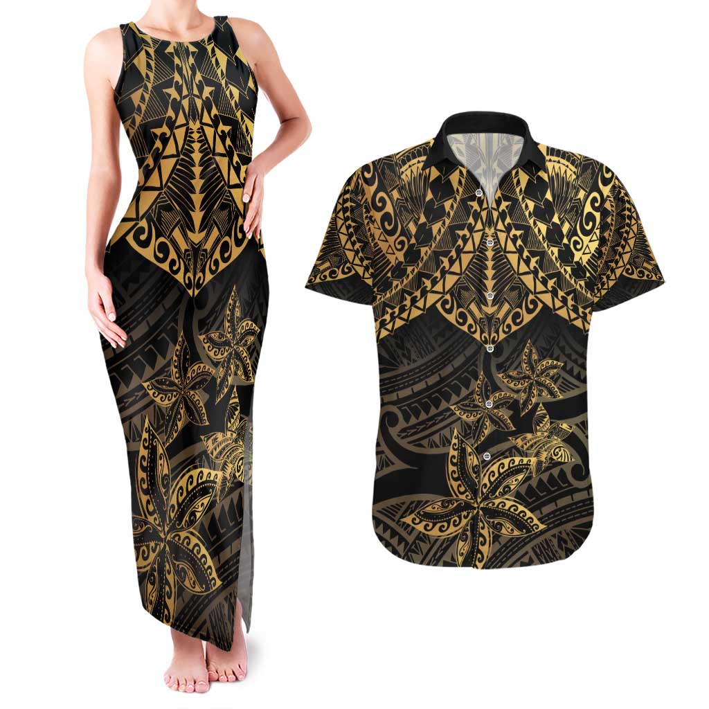 Black and Gold Polynesia Couples Matching Tank Maxi Dress and Hawaiian Shirt Plumeria Tattoo With Polynesian Pattern