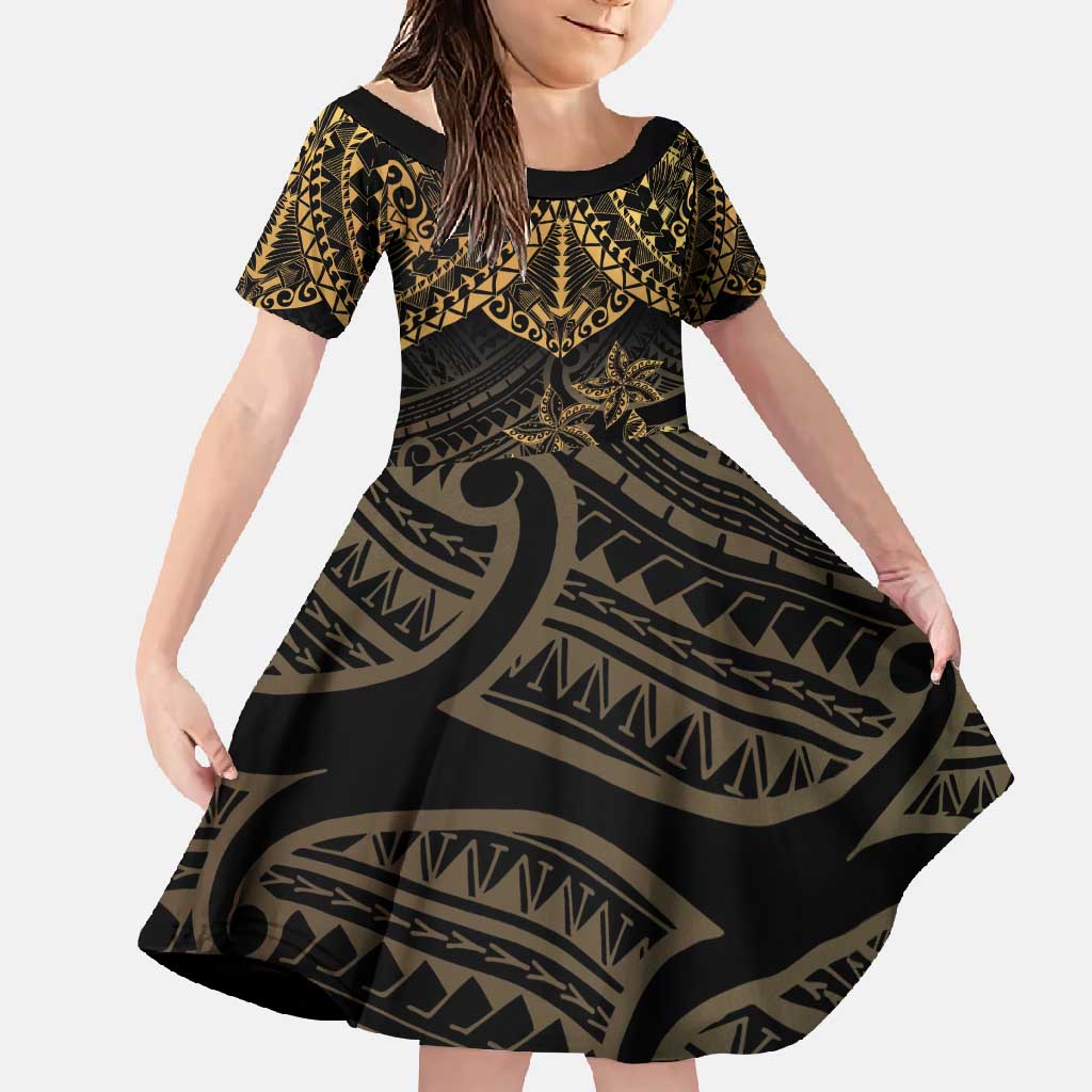 Black and Gold Polynesia Family Matching Long Sleeve Bodycon Dress and Hawaiian Shirt Plumeria Tattoo With Polynesian Pattern LT14 Daughter's Dress Black - Polynesian Pride