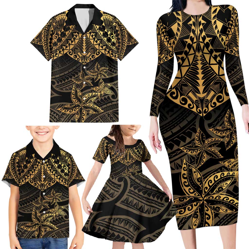 Black and Gold Polynesia Family Matching Long Sleeve Bodycon Dress and Hawaiian Shirt Plumeria Tattoo With Polynesian Pattern LT14 - Polynesian Pride