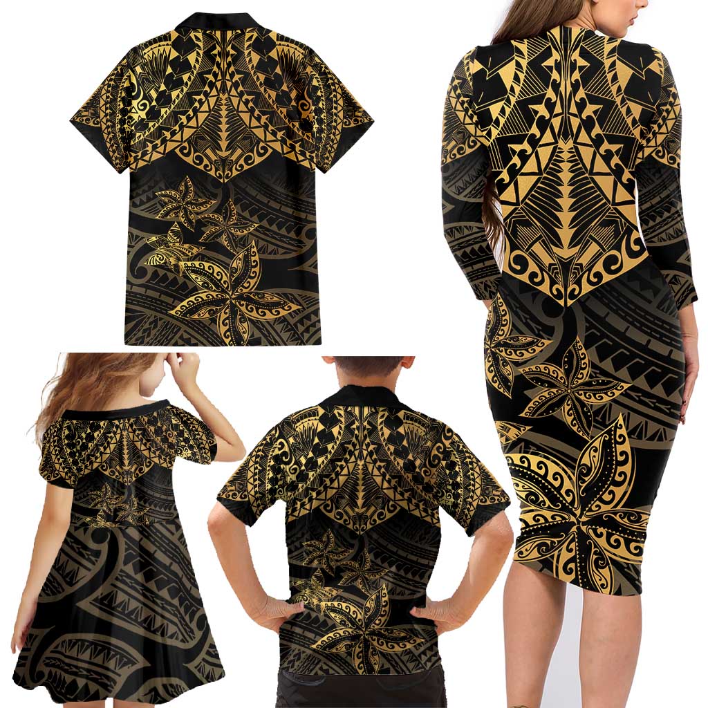 Black and Gold Polynesia Family Matching Long Sleeve Bodycon Dress and Hawaiian Shirt Plumeria Tattoo With Polynesian Pattern LT14 - Polynesian Pride