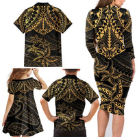 Black and Gold Polynesia Family Matching Long Sleeve Bodycon Dress and Hawaiian Shirt Plumeria Tattoo With Polynesian Pattern LT14 - Polynesian Pride