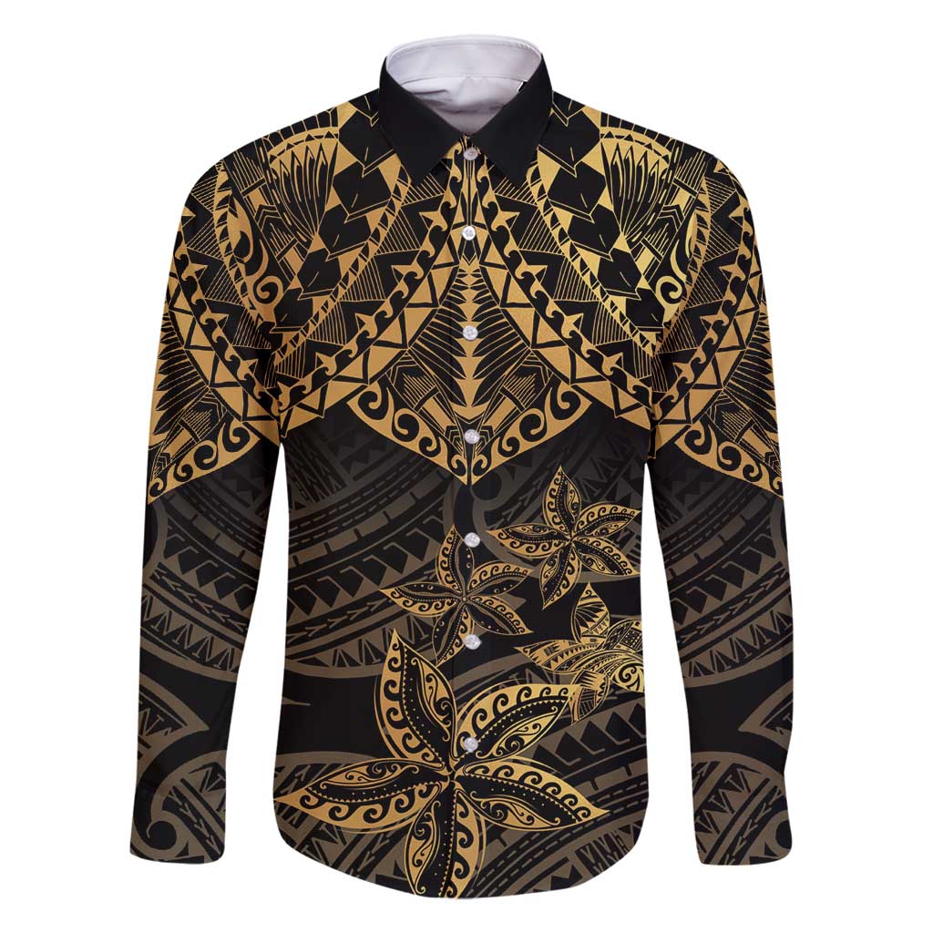 Black and Gold Polynesia Family Matching Long Sleeve Bodycon Dress and Hawaiian Shirt Plumeria Tattoo With Polynesian Pattern LT14 Dad's Shirt - Long Sleeve Black - Polynesian Pride