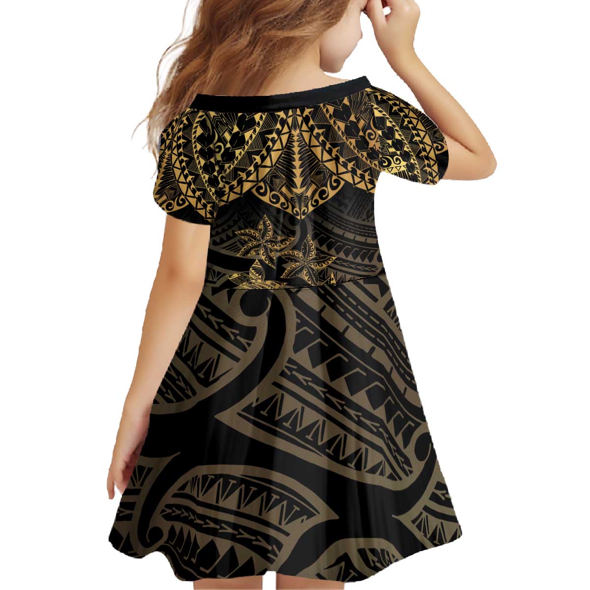 Black and Gold Polynesia Family Matching Off The Shoulder Long Sleeve Dress and Hawaiian Shirt Plumeria Tattoo With Polynesian Pattern