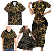 Black and Gold Polynesia Family Matching Short Sleeve Bodycon Dress and Hawaiian Shirt Plumeria Tattoo With Polynesian Pattern LT14 - Polynesian Pride