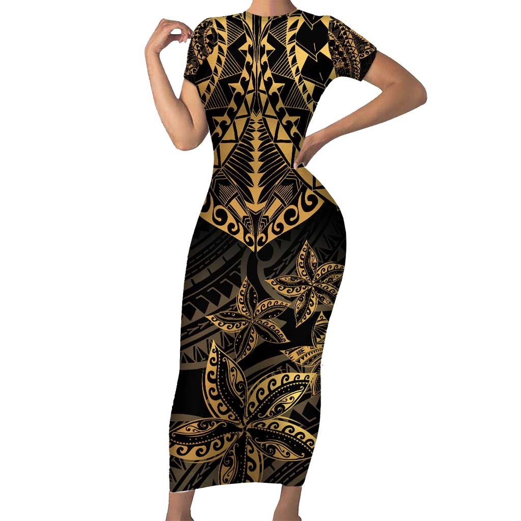 Black and Gold Polynesia Family Matching Short Sleeve Bodycon Dress and Hawaiian Shirt Plumeria Tattoo With Polynesian Pattern LT14 Mom's Dress Black - Polynesian Pride