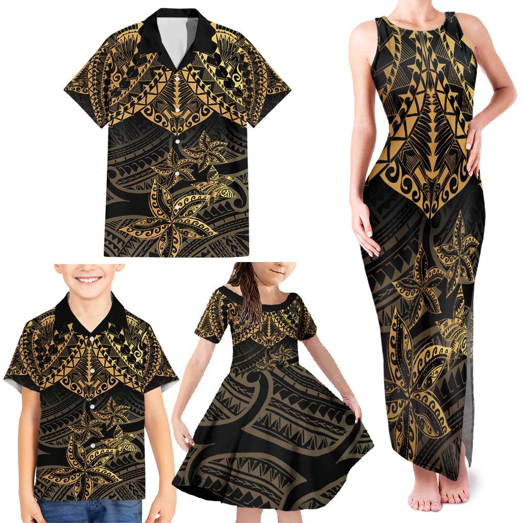 Black and Gold Polynesia Family Matching Tank Maxi Dress and Hawaiian Shirt Plumeria Tattoo With Polynesian Pattern