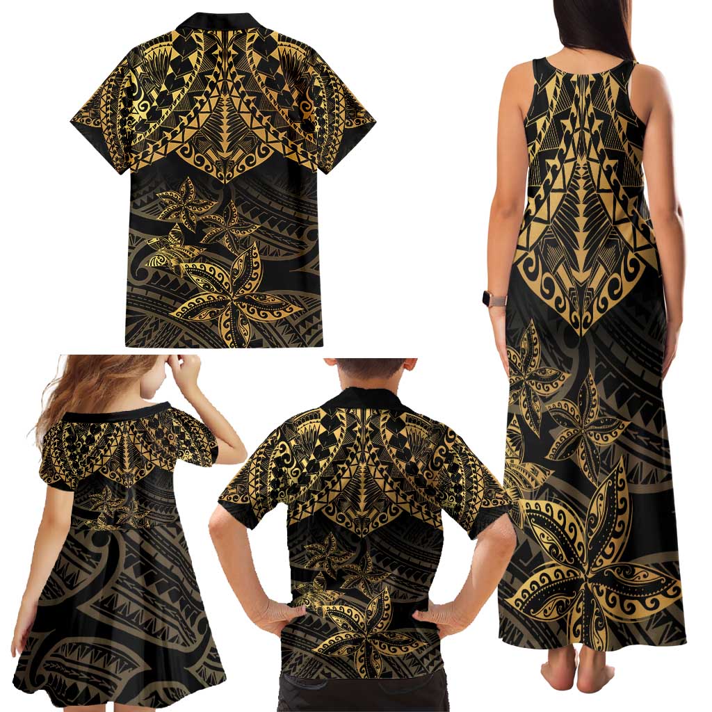 Black and Gold Polynesia Family Matching Tank Maxi Dress and Hawaiian Shirt Plumeria Tattoo With Polynesian Pattern