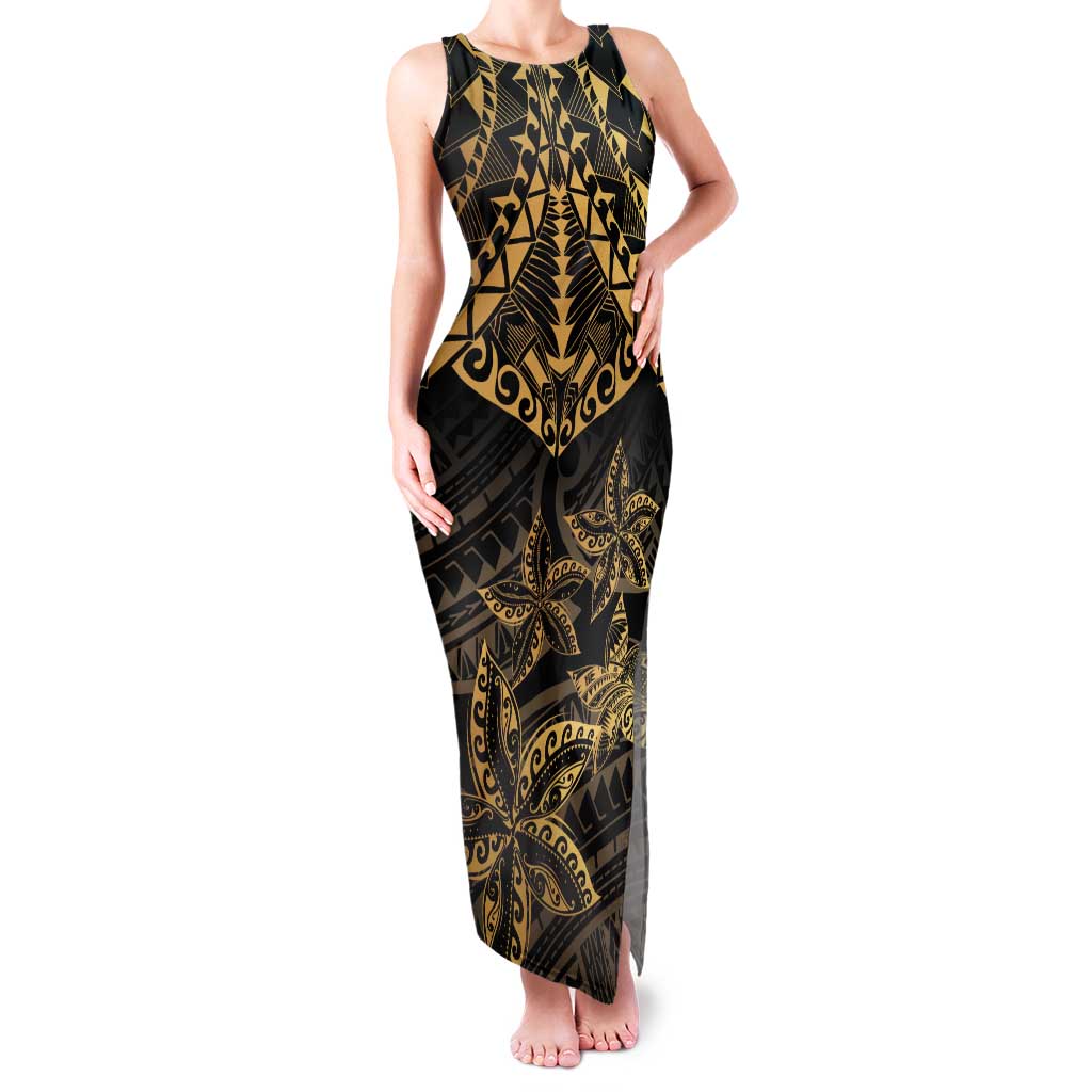 Black and Gold Polynesia Family Matching Tank Maxi Dress and Hawaiian Shirt Plumeria Tattoo With Polynesian Pattern