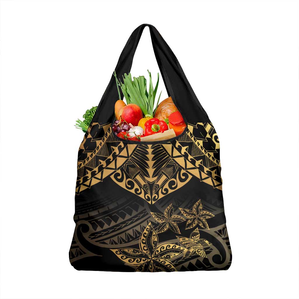 Black and Gold Polynesia Grocery Bag Plumeria Tattoo With Polynesian Pattern